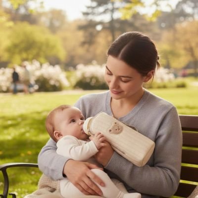 Maman au parc avec bébé tient porte biberon ours beige