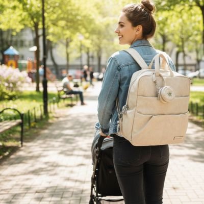 maman au parc avec sac à langer beige au dos