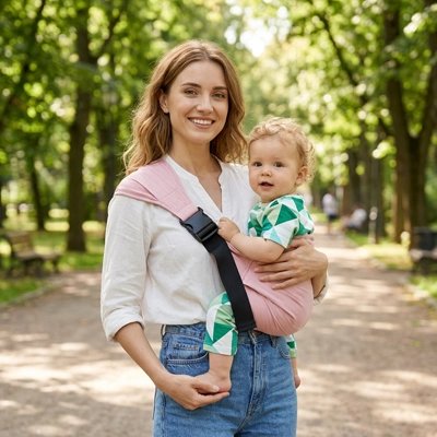 Maman au parc tient bébé dans porte bebe rose
