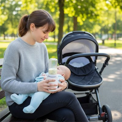 Maman au parc tient chauffe biberon  blanc avec bébé