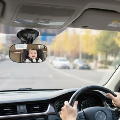 Maman au volant avec miroir voiture bébé devant
