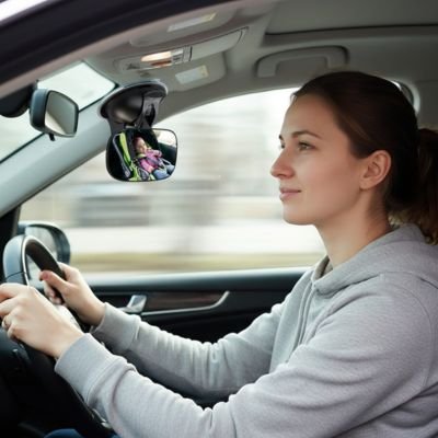 Maman au volant avec miroir voiture bébé installé à droit