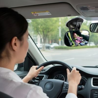 Maman au volant avec miroir voiture bébé installé en face
