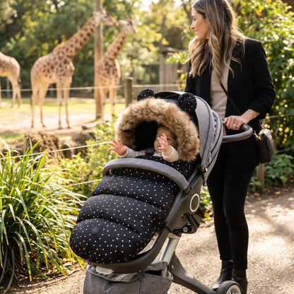 Maman au zoo avec bébé dans chancelière poussette gouttes pluie