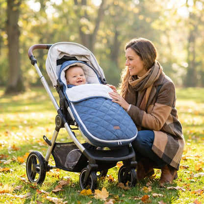 Maman avec bébé dans chancelière bleu poussette en bois