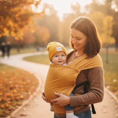 Maman  avec bébé portant bonnet bebe jaune mignon au parc