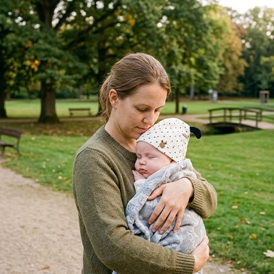 Maman avec bébé portant bonnet bebe points noir au parc