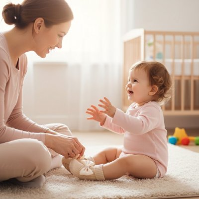 maman avec bébé portant chaussette bébé beige papillon ultra doux