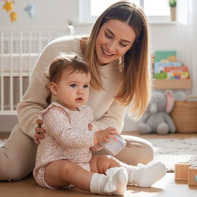 maman avec bébé portant chaussette bébé blanc papillon ultra doux