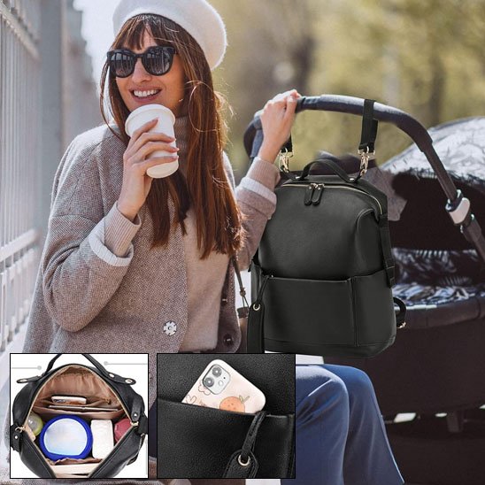 maman avec sac à langer noir accroché à poussette et autre ouvert