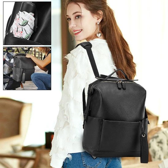 maman avec sac à langer noir au dos montrant rangement