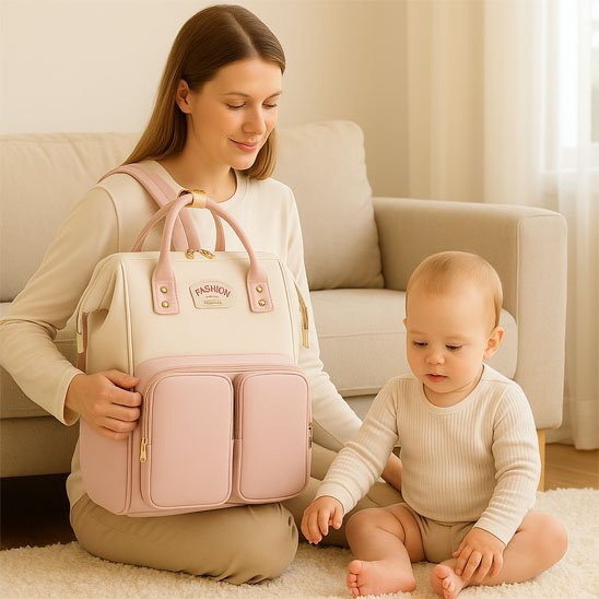maman bébé assis près fauteuil sac à langer rose