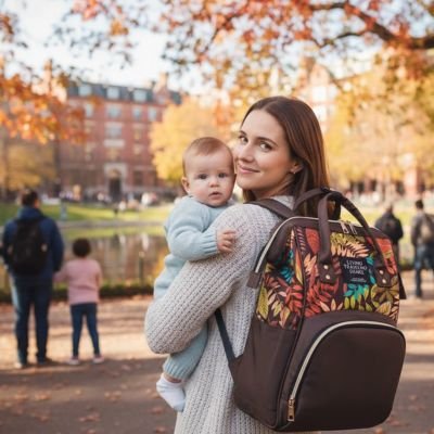 maman bébé au parc avec sac à langer bicolore au dos