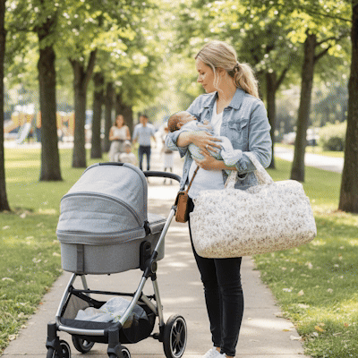 maman bébé au parc avec sac à langer fleuri organizer