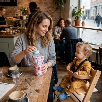 Maman bébé au restaurant avec porte biberon rose fruit