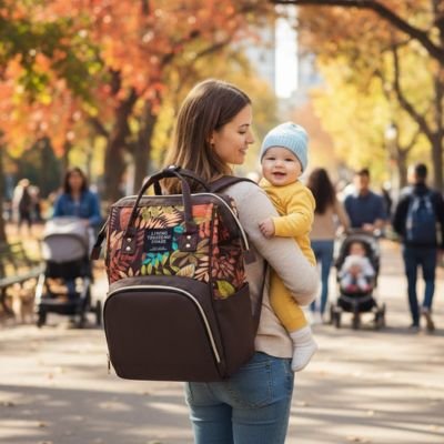 maman bébé en balade avec sac  à langer bicolore au dos