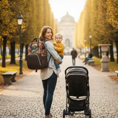 maman bébé en balade avec sac à langer bicolore