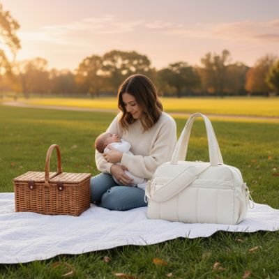 Maman bébé en pique nique avec sac à langer beige