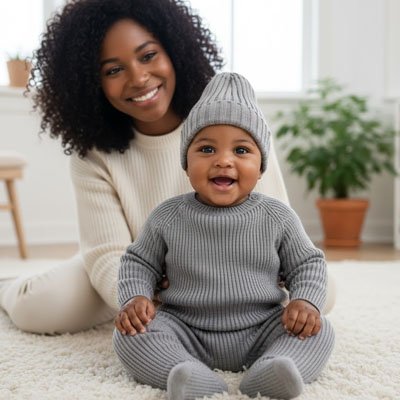 Maman bébé heureux portant bonnet bebe gris en chambre