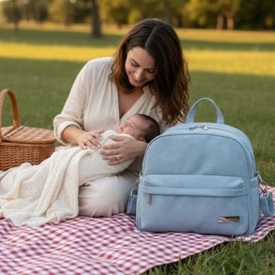 maman bébé mode pique nique sac à langer bleu posé