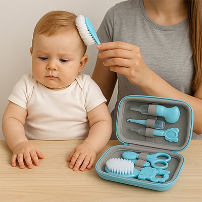 Maman brosse cheveux bébé près trousse de toilette bébé
