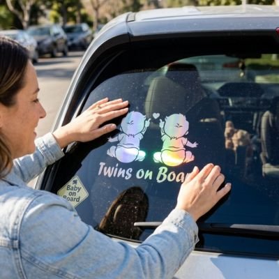 Maman colle bébés à bord​ twin en arrière voiture