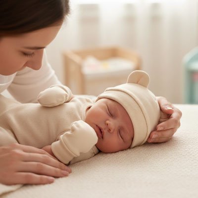 Maman couche bébé qui porte bonnet bebe beige