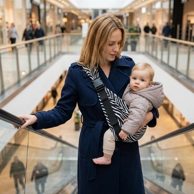 Maman dans escalier tient bébé dans porte bebe motif zèbre