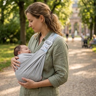 Maman debout tient  bébé dans écharpe de portage gris