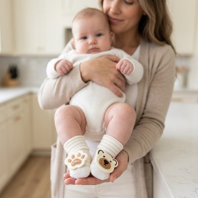 Maman debout tient bébé portant chaussettes blanc ours