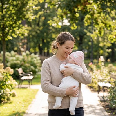 Maman dehors avec bébé portant bonnet bebe bleu