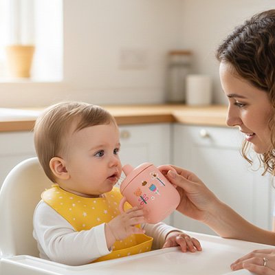 Maman donne bébé à boire dans son gobelet bébé rose