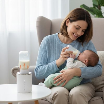 Maman donne biberon avec chauffe biberon  blanc à côté
