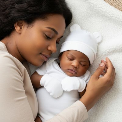 maman dort avec bébé portant bonnet bebe blanc