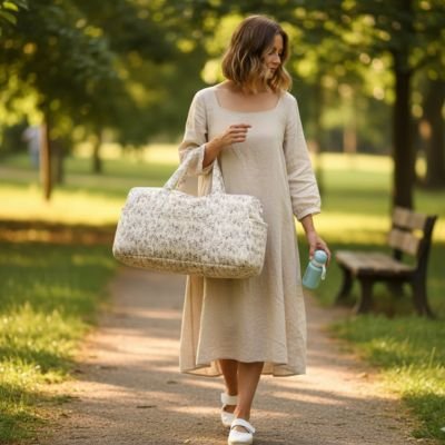 maman en balade au parc sac à langer au bras
