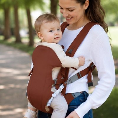 Maman en balade avec bébé dans porte bebe marron