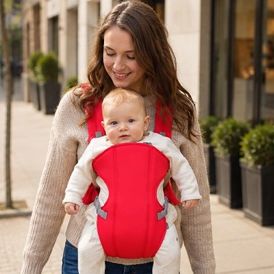 Maman en balade avec bébé dans porte bebe rouge