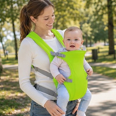 Maman en balade avec bébé dans porte bebe vert
