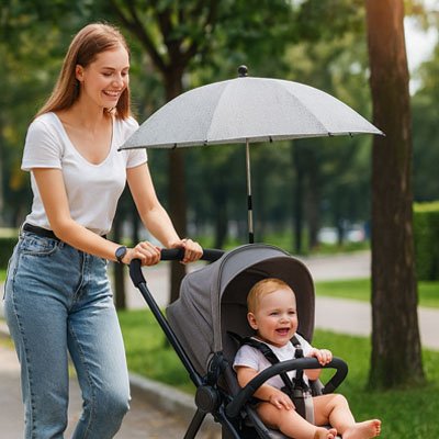 Maman en balade avec bébé sous ombrelle pour poussette​ 