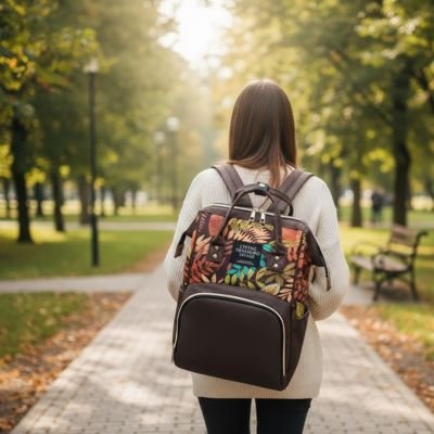 maman en balade avec sac à langer bicolore marron