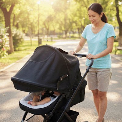 Maman en balade avec bébé sous par soleil pour poussette​ noir