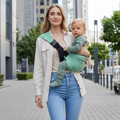 Maman en balade  tient bébé dans porte bebe vert