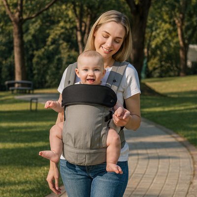 maman en balade tient bébé en avant dans porte bébé gris