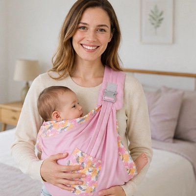 Maman en chambre avec bébé dans écharpe de portage rose
