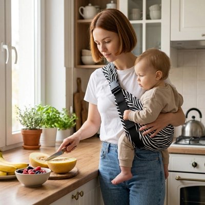 Maman en cuisine tient bébé dans porte bebe motif zèbre