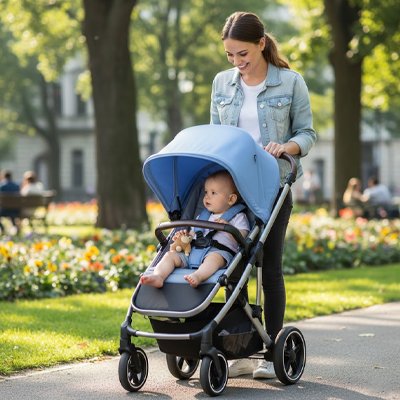 Maman en promenade avec bébé sous par soleil pour poussette​ bleu