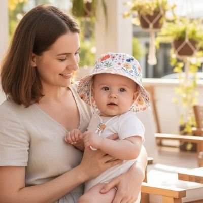 Maman en terrace avec bébé portant chapeau bebe fleuri champêtre