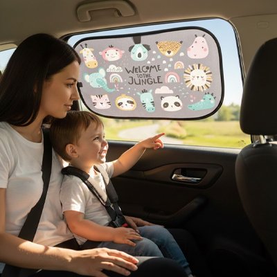 maman enfant montre pare soleil voiture aquarium collé sur vitre