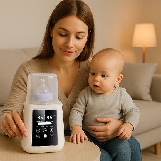 Maman et  bébé à côté de chauffe biberon blanc
