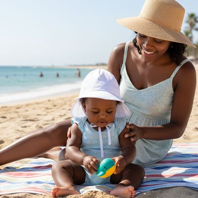 Maman et bébé à la plage portant casquette bebe blanc
